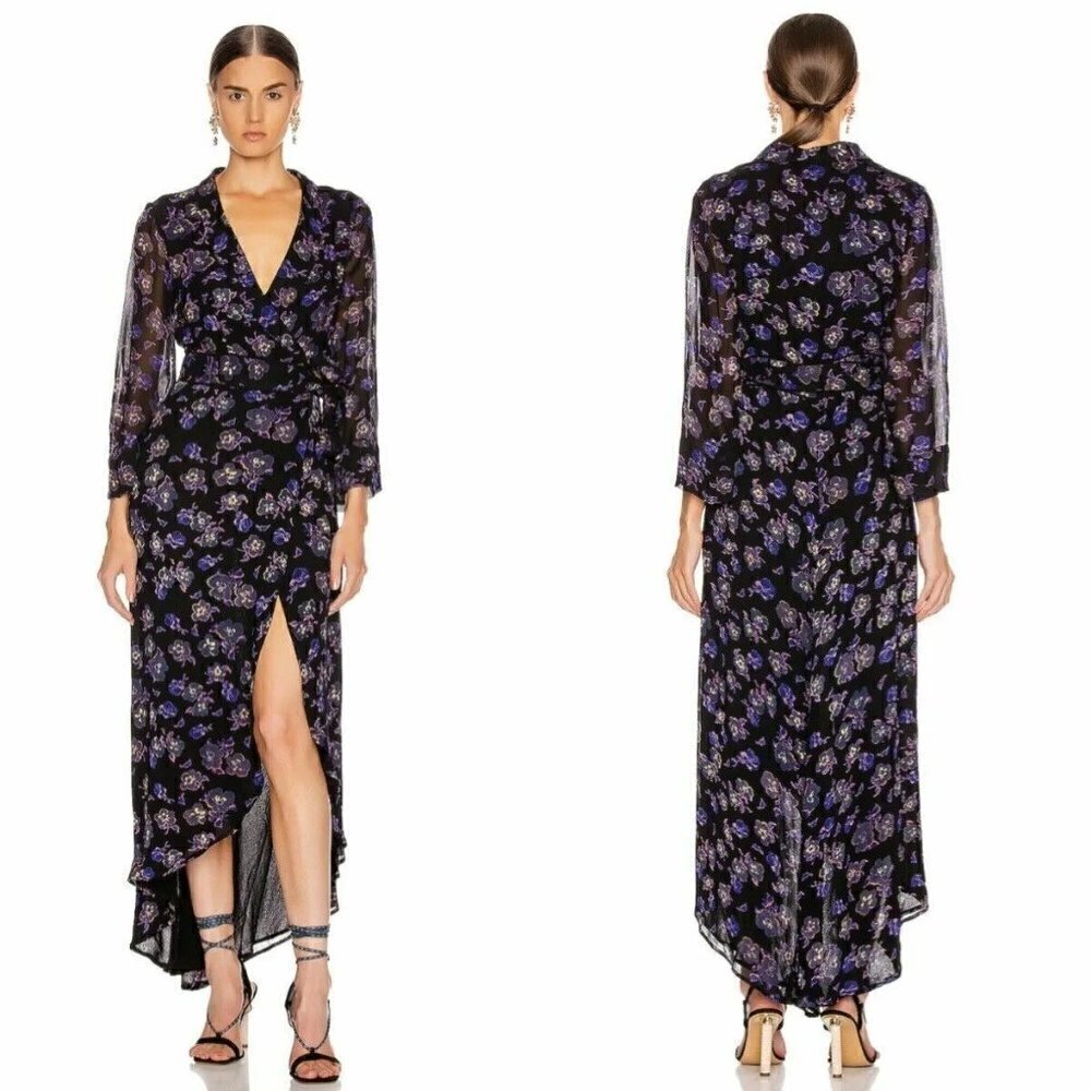 GANNI Floral Print Georgette Wrap Dress in Black Size EU 34 // US 2